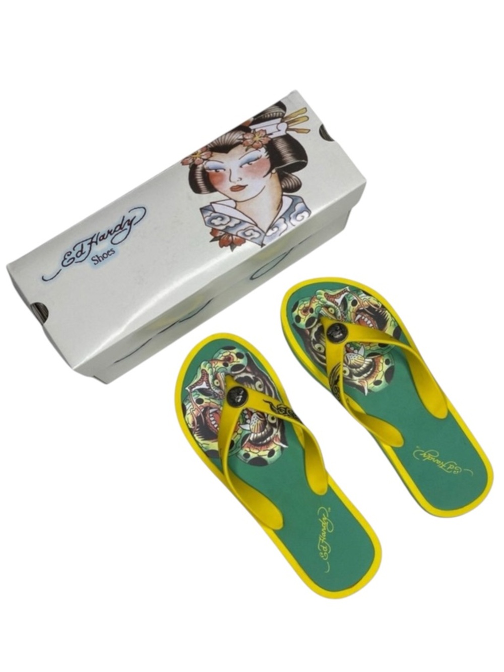 HTF: new OG Ed Hardy ☻ Tattoo Panther Face Flip Flops ☻ Green Yellow ☻ 38 7.5 8